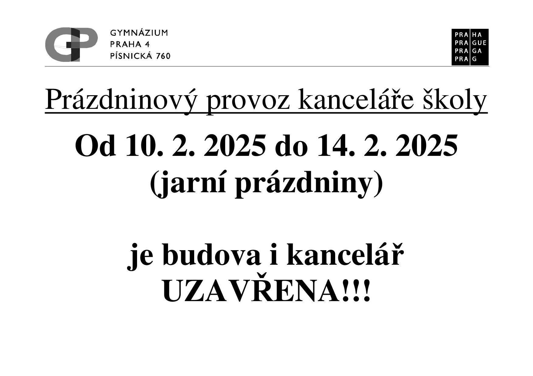 Provoz kanceláře školy během jarních prázdnin 2025